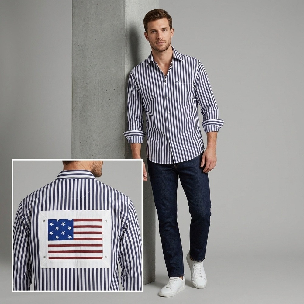 Nautical Preppy NWT Faconnable Blue White Stripe American Flag Button Up Top M